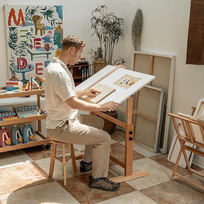 MEEDEN White Board Drafting Table and Stool Set, Height Adjustable Artist Wooden Stool and Craft Table, Tiltable Tabletop of Drawing Desk, Perfect for Writing, Artwork, Artists Studio