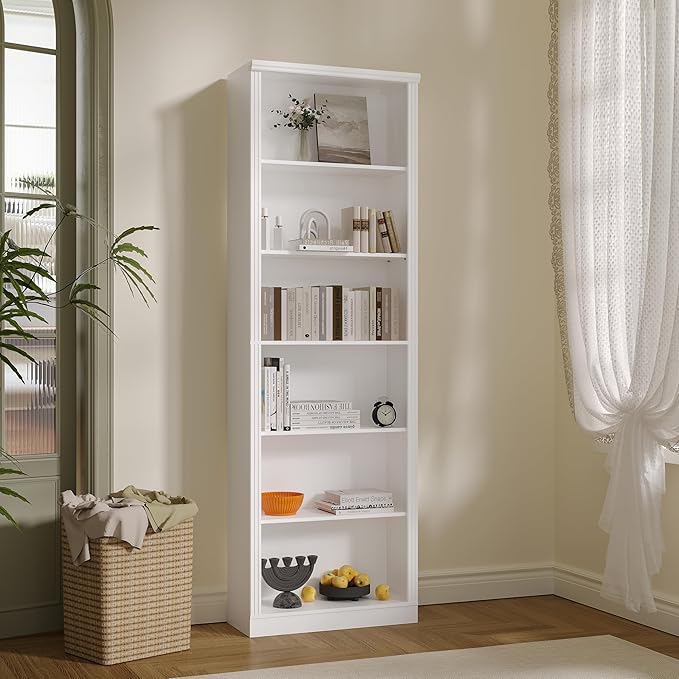 Wodeer Tall Bookshelf, 6-Tier Bookcase with 2 Adjustable Shelves, Modern Farmhouse Storage for Living Room, Entryway, Office, 23.6" W x 74.8" H x 10.6" D, White