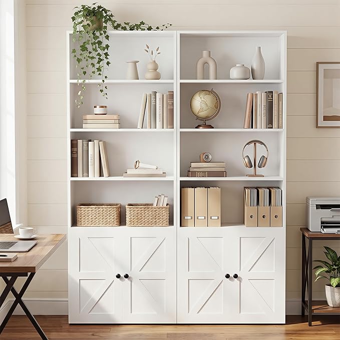 YESHOMY Farmhouse Bookshelf and Bookcase with Doors, Industrial Bookshelves and Bookcases Floor Standing Display 6-Tier Shelf Storage Shelves 71.5 inchs for Home Office, Living Room, White, 2 PCS