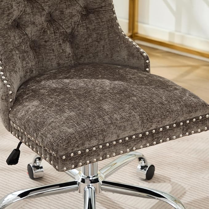 Goujxcy Desk Chair, Modern Chenille Upholstered Tufted Button Home Office Chair, 360° Swivel Armless Desk Chairs, 120°Rocking Ergonomic Computer Task Vanity Chairs, Gray