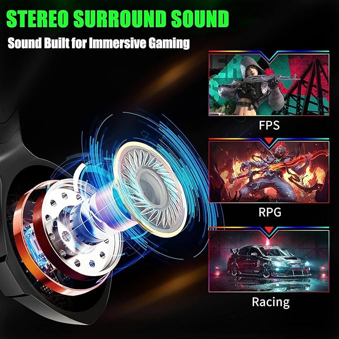 Ozeino Gaming Headset for PC, Ps4, Ps5, Xbox Headset with 7.1 Surround Sound, Gaming Headphones with Noise Cancelling Mic RGB Light Over Ear Headphones for Xbox Series X/S, Switch-Green