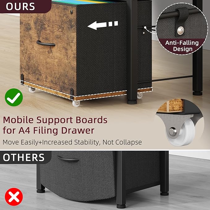 HIGDBFE Filing Cabinet with 2-Tier Printer Shelves, 2 Fabric Drawers File Cabinet with Side Bag&File Drawer for A4/Letter Size, Printer Stand with Storage for Home Office, Rustic Brown, 16.5" W