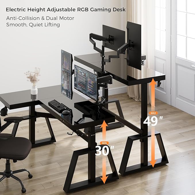 EUREKA ERGONOMIC Standing Desk, Gaming Table,Glass RGB, Height Adjustable Computer desks 60 Inch L Shaped Corner Music Studio Desk Workstation w Type-C Port,Cup Headset Holder,APP Control,Left