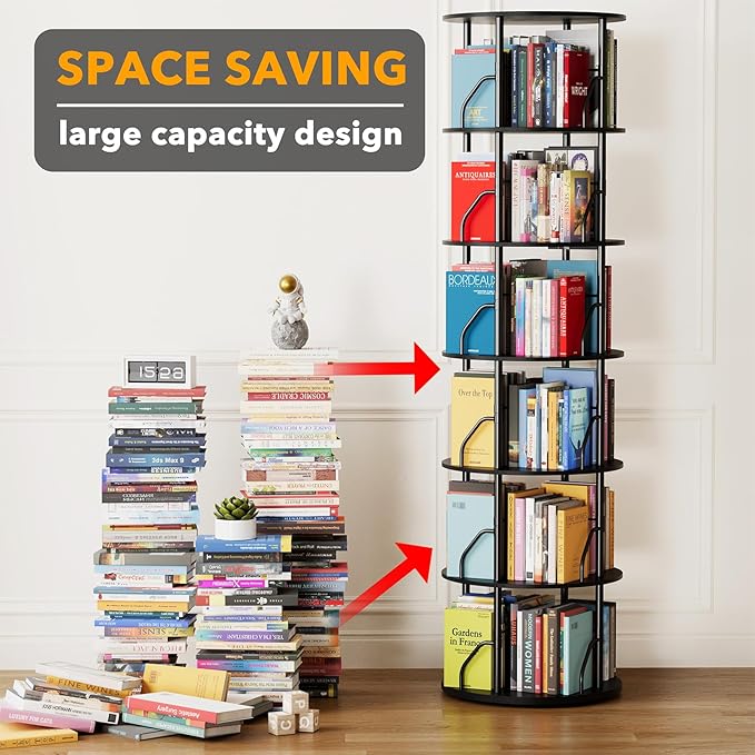 SpaceAid 6 Tier Rotating Bookshelf Tower, 360 Display Stackable Spinning Bookcase, Space Saving Revolving Round Book Shelf, Floor Standing Swivel Corner Organizer, Black