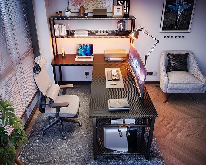 ODK 61" L Shaped Gaming Desk with Hutch & Headphone Hook, Corner Computer Table with Storage Shelves for Home Office, Black