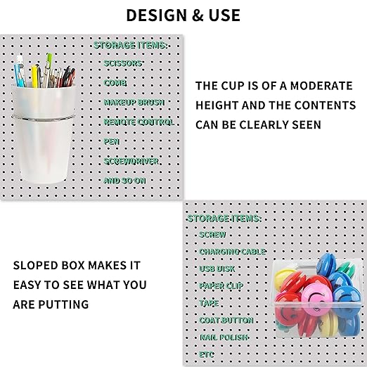 Kuhome 6 Sets Pegboard Bins and Cups with Pegboard Hooks, Pegboard Accessories Baskets, Hooks for Pegboard Cup Holder for Organizing Craft Tools Storage Garage Office Workbench Transparent