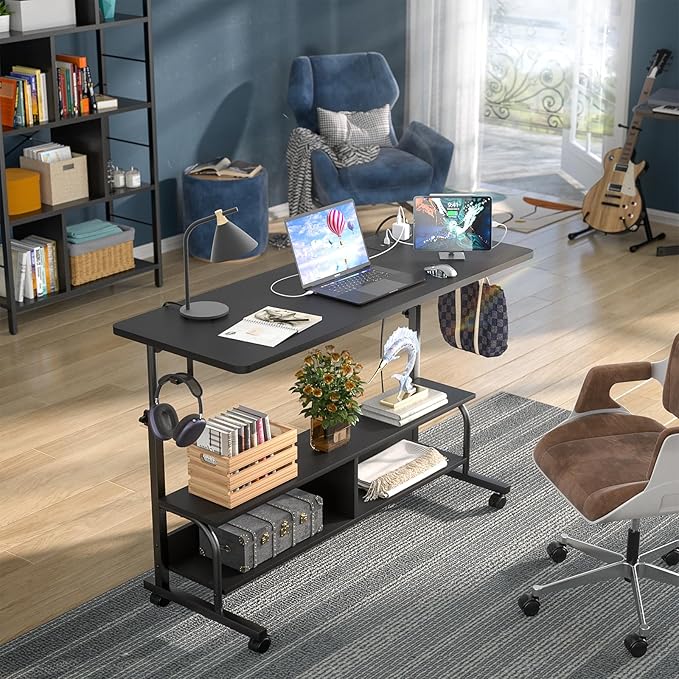 Armocity Rolling Standing Desk with Power Outlets, 47" Manual Height Adjustable Mobile Computer Desk with Wheels, Portable Sit Stand Laptop Couch Table for Bed & Sofa Home Office, Black