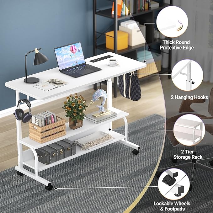 Armocity Rolling Standing Desk with Power Outlets, 39" Manual Height Adjustable Mobile Computer Desk with Wheels, Small Portable Sit Stand Laptop Couch Table for Bed & Sofa Home Office, Whtie