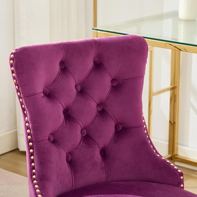 Goujxcy Desk Chair, Modern Velvet Upholstered Tufted Button Home Office Chair, 360° Swivel Armless Desk Chairs, 120°Rocking Ergonomic Computer Task Vanity Chairs, Purple