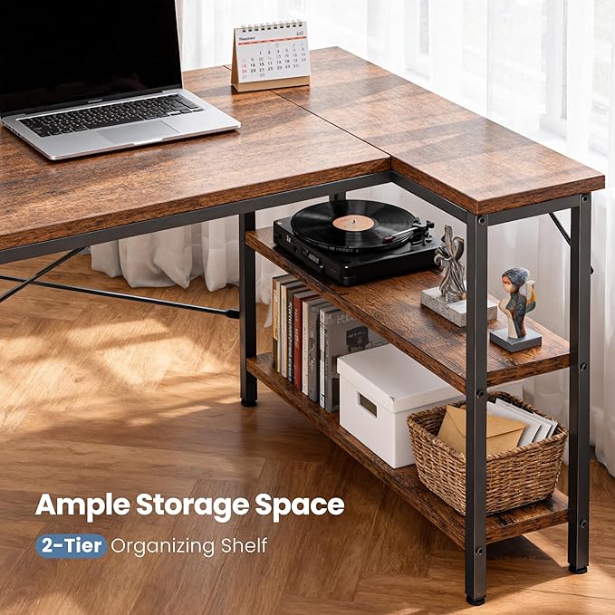 DUMOS 40 Inch L Shaped Desk Corner Computer Gaming Desks Home Office PC Table for Writing Working Study Bedroom with Reversible Storage Shelves, Rustic Brown