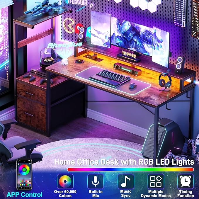 Aheaplus Gaming Desk with LED Strip & Power Outlet, 59Inch Reversible Computer Desk with Monitor Stand & Storage Shelves, Home Office Desks with Fabric File Drawer, Gamer Table PC Desk, Rustic Brown