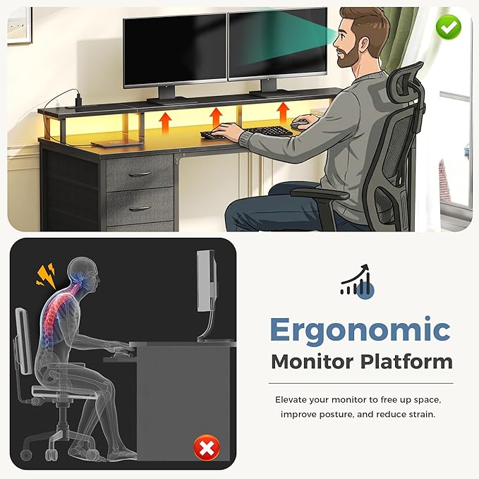 DUMOS Computer Desk with 4 Drawers,4 Drawer Gaming Desk with Power Outlets and LED Lights,Office Desk for Small Spaces with Monitor Shelf,Writing Desk for Home Office, Bedroom,Study 39 Inch Black