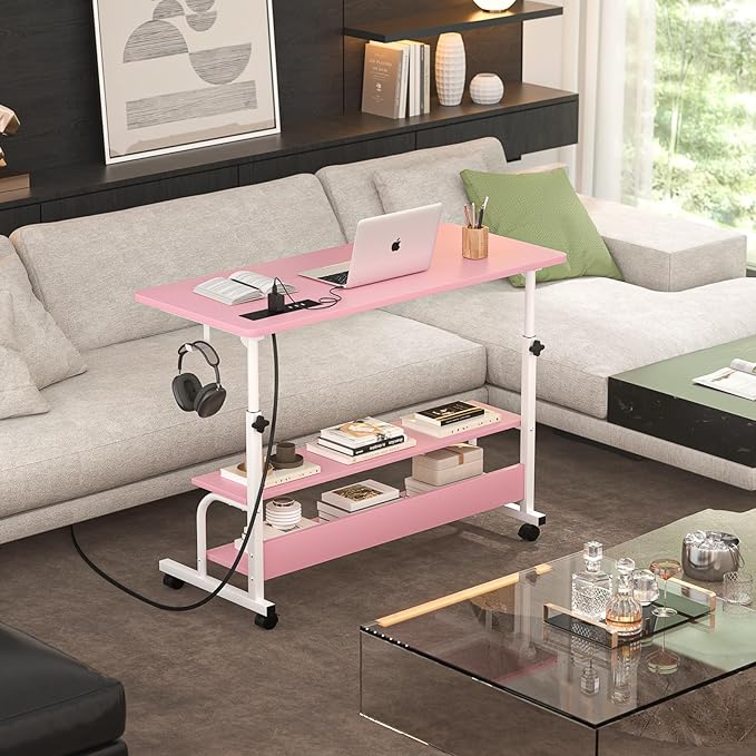 Armocity Rolling Standing Desk with Power Outlets, 32" Manual Height Adjustable Mobile Computer Desk with Wheels, Small Portable Sit Stand Laptop Couch Table for Bed & Sofa Home Office, Pink
