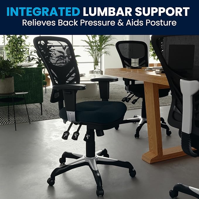 Flash Furniture Nicholas Mid-Back Swivel Desk Chair with Wheels, Mesh Back, Padded Seat, and Armrests, Adjustable Height Mesh Ergonomic Office Chair, Black