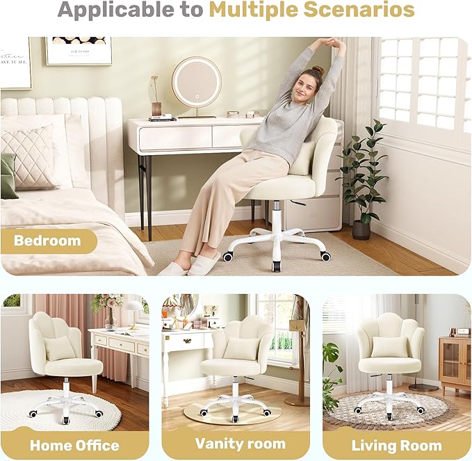 BestGlory Petal Vanity Chair with Wheels, 3.15" Extra Thick Comfy Makeup Chair, Adjustable Modern Swivel Armless Desk Chair for Girls Women, Aesthetic Small Office Chair for Bedroom Dorm