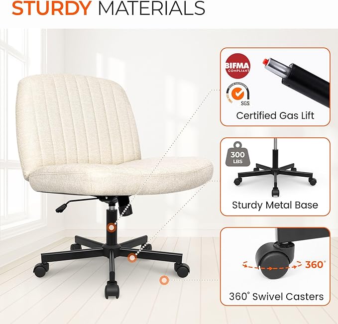 Orange Factory Criss Cross Chair Wheels Wide Cross Legged Office Desk Vanity Chair Comfy Fabric Armless Adjustable Swivel for Home Computer Task (Beige Wheel, Fabric)
