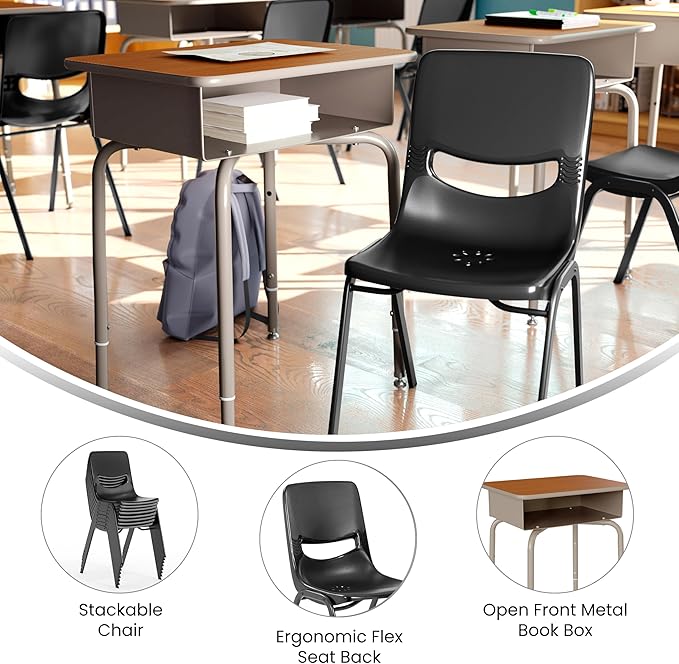 EMMA + OLIVER Jacobs Desk/Stackable Ergonomic Chair Set, Flex Comfort Seat Back, Adjusting Desk Legs, Metal Open Front Storage Box, Walnut Desktop/Black Chair