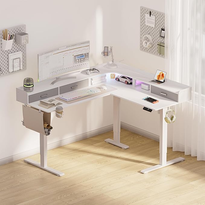 WALKINGDESK 63 Inches Height Adjustable L Shaped Standing Desk with 3 Drawers and Monitor Shelf, Electric Sit to Stand Home Office Comupter Table, Ergonomic Corner Gaming Desk, White