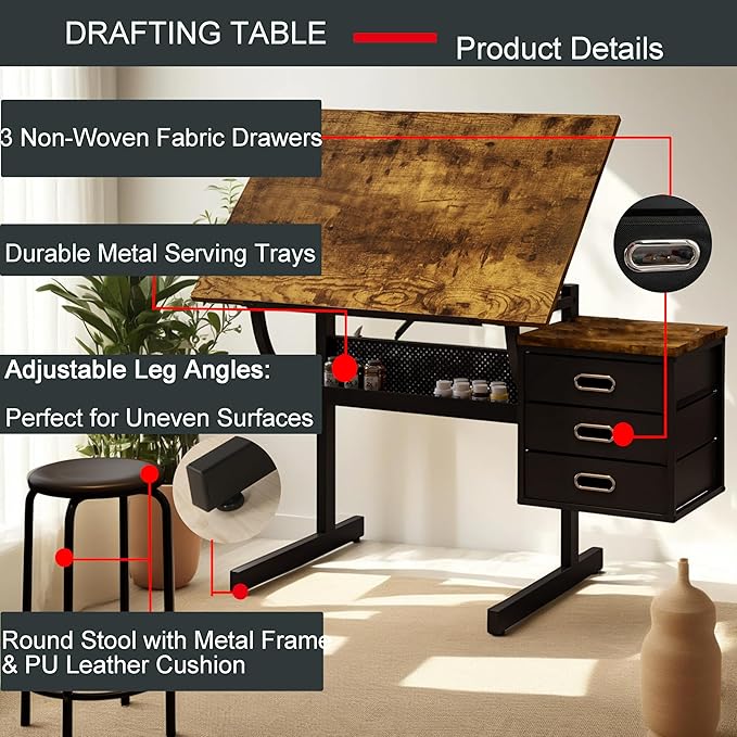 Drafting Table, Tilting Tabletop Artist Desk w/3 Storage Drawers & Stool, Craft Drawing Table for Painting, Sketching, Home Office, Art Studio, Classrooms (Wood+Black)