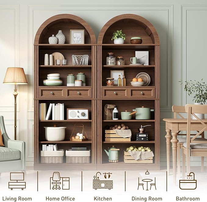 RALGEND Arched Bookshelf, 73" Tall Arch Bookcase with Drawers, 6-Tier Farmhouse Book Shelf, Wooden Bookshelf with Open Display Shelves for Living Room, Office, Adjustable Shelf, Walnut