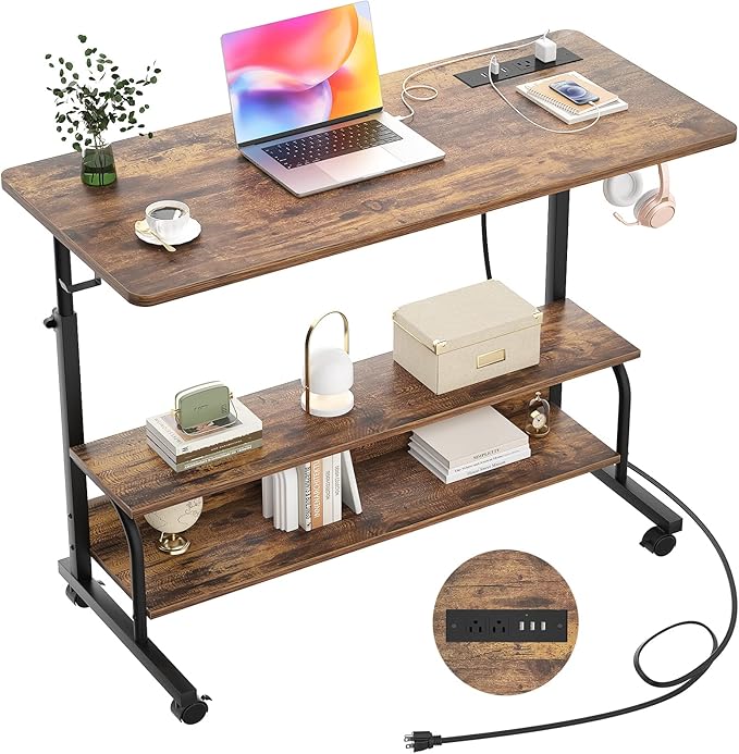 Armocity Rolling Standing Desk with Power Outlets, 39" Manual Height Adjustable Mobile Computer Desk with Wheels, Small Portable Sit Stand Laptop Couch Table for Bed & Sofa Home Office, Rustic Brown