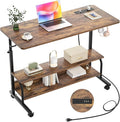 Armocity Rolling Standing Desk with Power Outlets, 39" Manual Height Adjustable Mobile Computer Desk with Wheels, Small Portable Sit Stand Laptop Couch Table for Bed & Sofa Home Office, Rustic Brown