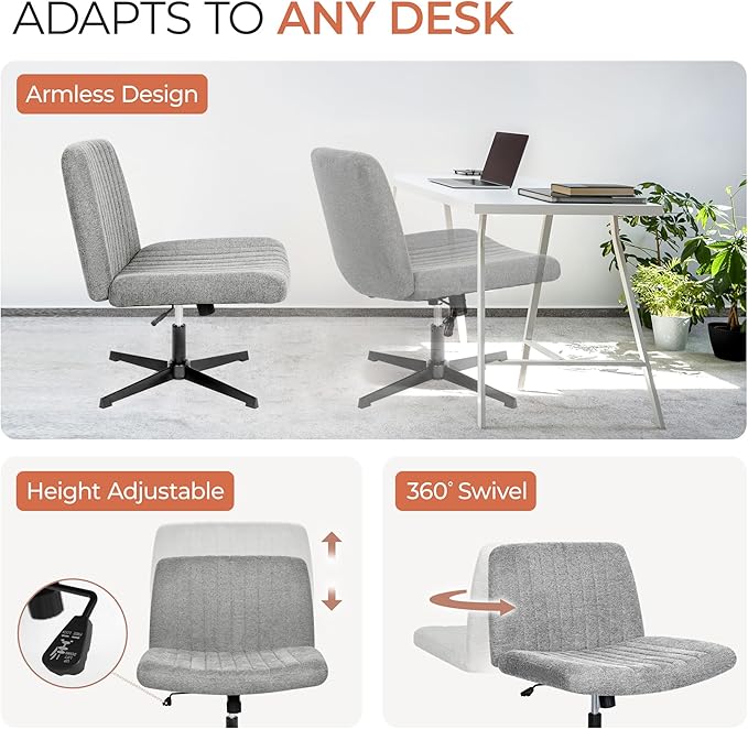 Orange Factory Criss Cross Chair No Wheel Wide Cross Legged Office Desk Vanity Chair Comfy Fabric Armless Adjustable Swivel for Home Computer Task (Grey No Wheel, Classic Fabric)