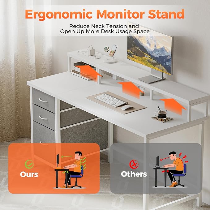 Mericonia Computer Desk 55 inch with Power Outlets & LED Lights, Gaming Desk with 3 Drawers for Home Office, Small Desk with Monitor Stand for Small Spaces, Study Writing Desk