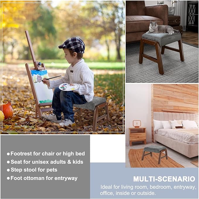 Small Footstool Ottoman, 11.8" H Fabric Wooden Foot Rest Ottoman with Wood Legs, Small Foot Stool Sofa Footrest Extra Seating for Living Room Entryway Office, Grey