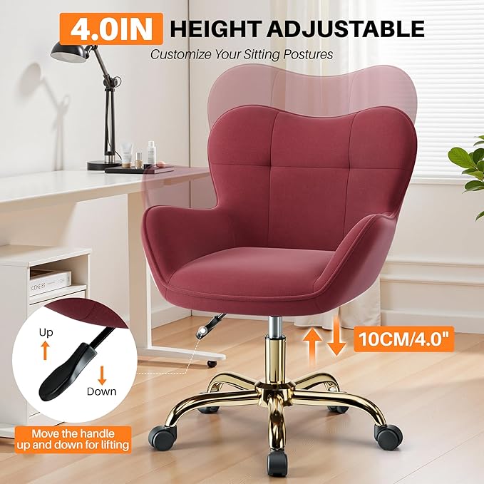 Vanity Chair with Wheels, Cute Home Office Desk Chairs Adjustable Height for Living Bedroom, Small Modern Fluffy Velvet Makeup Chair with Back for Girls (Rose Red)