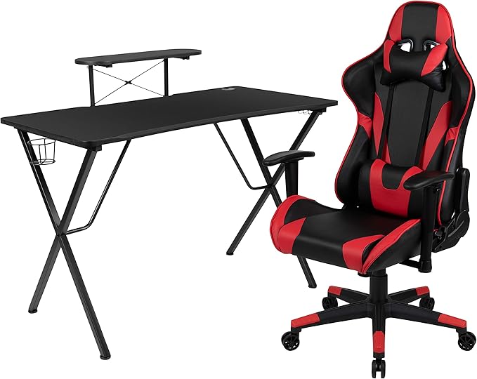 Flash Furniture Optis Black Gaming Desk and Red/Black Reclining Gaming Chair Set with Cup Holder, Headphone Hook, and Monitor/Smartphone Stand