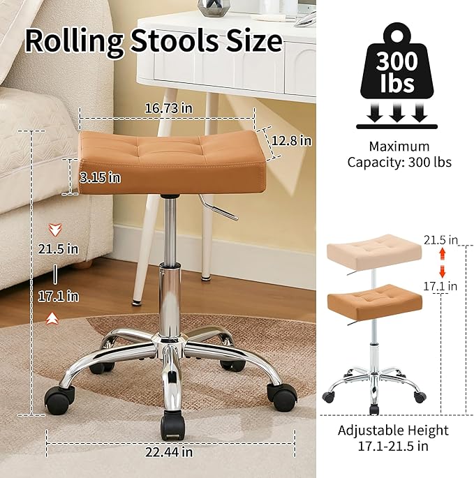 FIRAVOE Rolling Stool Adjustable Height (300lbs Capacity) (Sturdy Base) Multifunctional Nail Tattoo Vanity Massage Stool (Camel Brown)