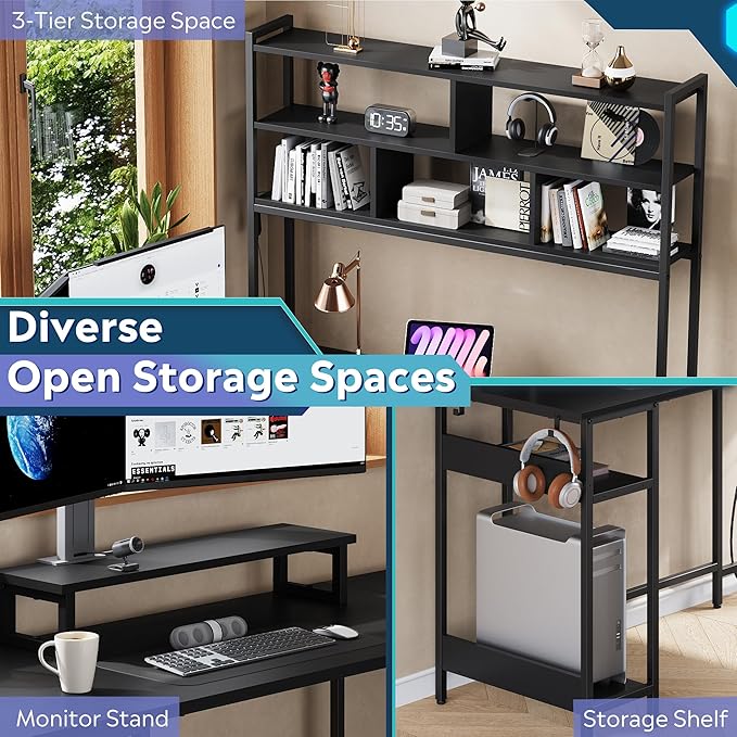 DEVAISE L Shaped Gaming Desk with Hutch, Reversible Computer Desk with LED Light, 3-Tier Shelves, 2 AC+2 USB Outlet and Monitor Stand, Corner Desk with Storage for Home Office (Black, 66 Inch)