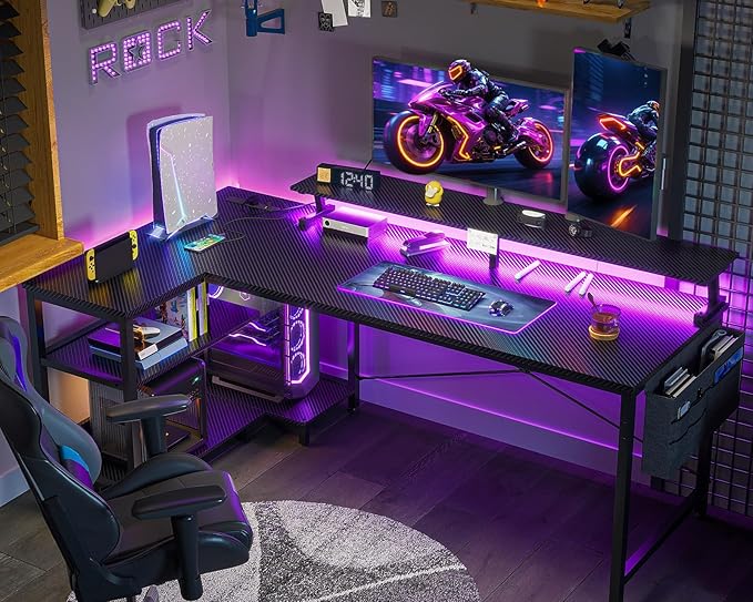 ODK 58 Inch Gaming Desk with USB Charging Ports and LED Lights, Reversible L Shaped Computer Desk with Storage Shelves & Monitor Stand, Corner Gamer Desk Table with Power Outlets, Black