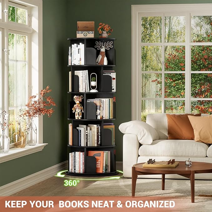 Besiost Rotating Bookshelf Tower, 5 Tier Spinning Bookcase, Revolving 360 Book Shelf Narrow Tall Bookcase, Vertical Turning Round Bookshelf Organizer, Wood Corner Book Shelf for Small Space, Black