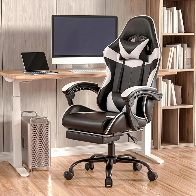 Computer Gaming Chair with Footrest, Ergonomic High Back Desk Chair with 90°-150° Reclining Function, Swivel Seat & Lumbar Support