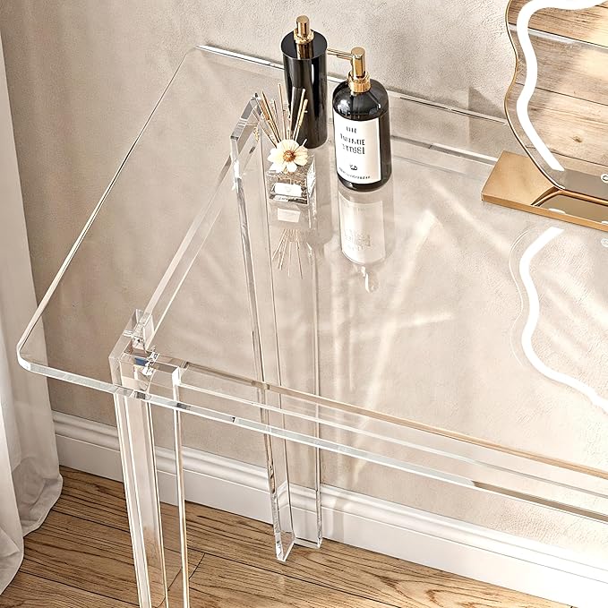 Acrylic Desk - Clear Acrylic Table, Modern Home Office Study Table, Extended Surface Multi-Purpose Console, Sturdy Lightweight Workstation for Small Spaces (Transparent-L)