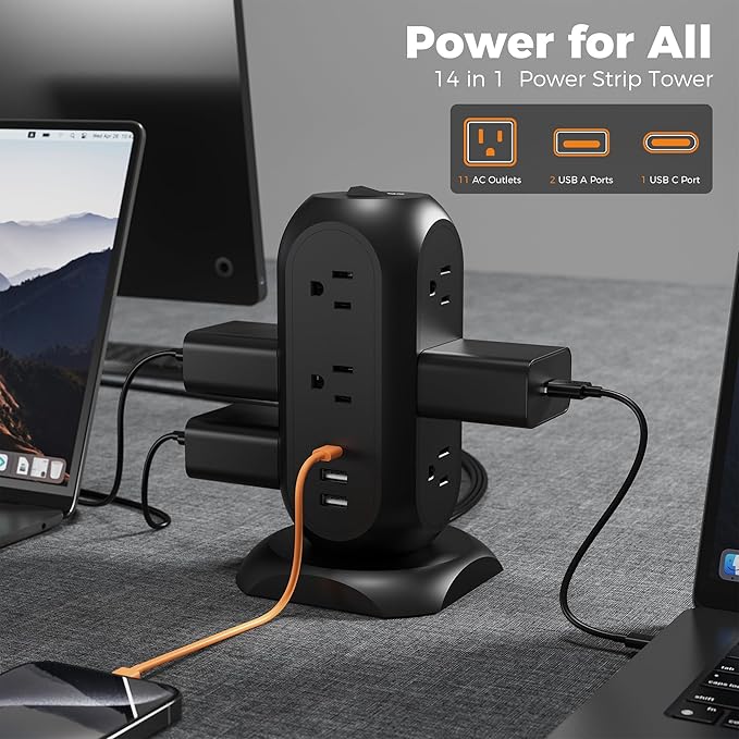 TESSAN Tower Power Strip Flat Plug with 11 Outlets 3 USB (1 USB C), Surge Protector Tower 1625W/13A,1050J Protection, 6 Feet Extension Cord with Multiple Outlets, Dorm, Office Desk Supplies, Black