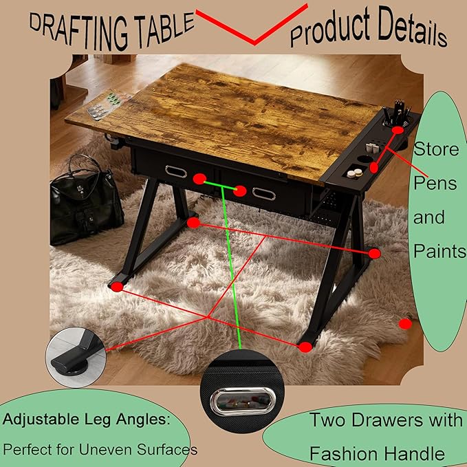 Height Adjustable Drafting Table, Tilting Tabletop Artist Desk w/2 Storage Drawers & Stool, Craft Drawing Table for Painting, Sketching, Home Office, Art Studio (Black+Wood)