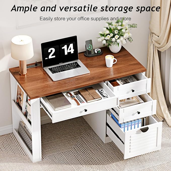 Ieejdn 47" Home Office Desks, Executive Desk, Farmhouse Computer Desk with Drawers and Charging Station, File Drawer, Storage Cabinet, Rustic Computer Writing Desk,Antique White