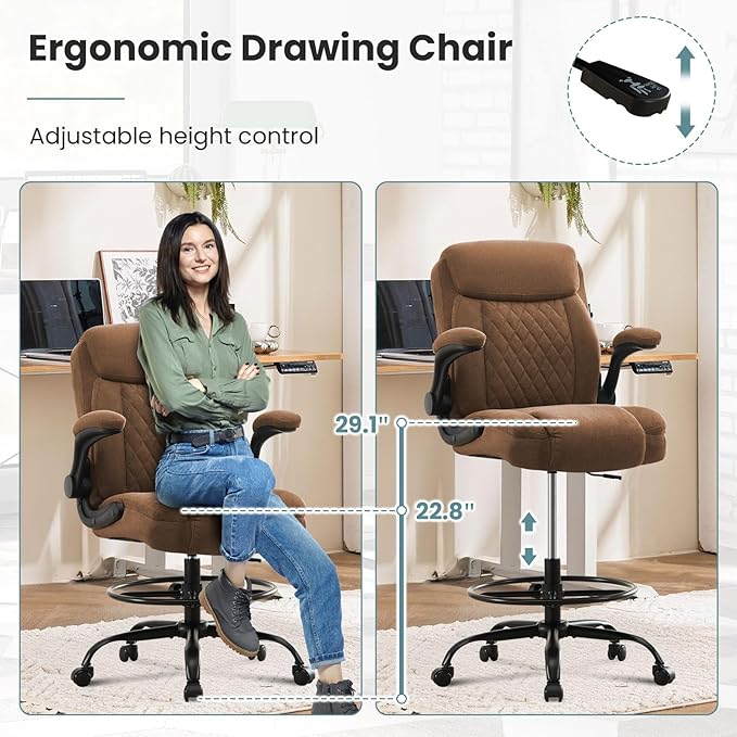 MAHOMICO Drafting Chair for Standing Desk – Tall Office Chair with Adjustable Height & Foot Ring, Flip-Up Arms, Lumbar Support – Comfortable Fabric Seat, Ideal Home Desk Chair