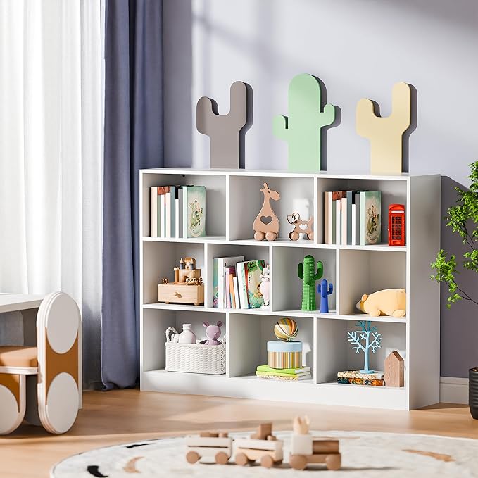 Cozy Castle White Bookshelf, 3-Tier Open Shelf Bookcase, 10 Cube Storage Organizer with Anti-Tilt Device for Bedroom, Living Room, 55.11" W x 11.61“D x 40.94“H