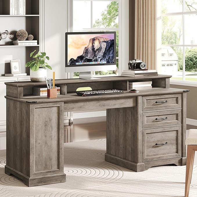 RALGEND 2 Pack 55'' Farmhouse Executive Desk with Drawers, Computer Desk with File Cabinet and Side Bookshelf, Writing Gaming Desk with Monitor Stand, Greige