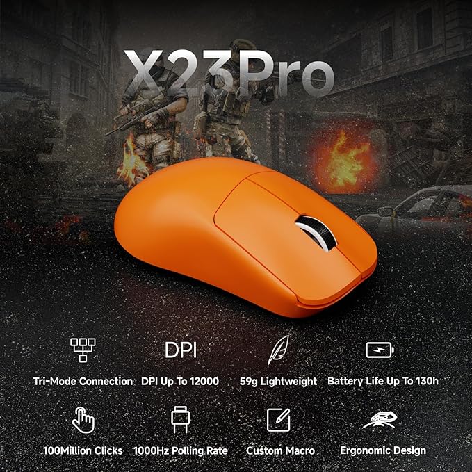 EWEAND X23 Pro Gaming Mouse, Tri-Mode 2.4G/USB-C/BT 5.4 Wireless Mouse, PAW3311 Sensor, 12000 DPI, 59g Lightweight, 1ms Response, Anti-Slip Grip Tape Included Computer Mouse for Laptop/PC/Mac-Orange