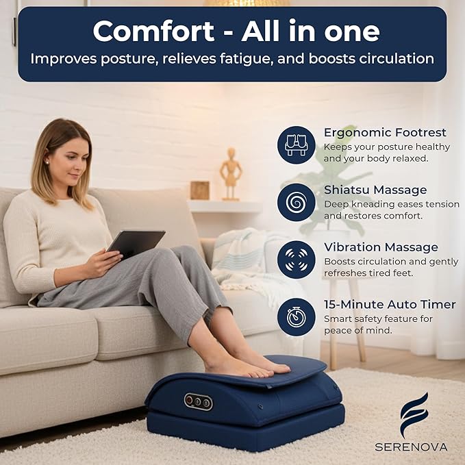 Ergonomic Under Desk Footrest with Massage – Adjustable Posture Support Footrest with Gentle Shiatsu and Vibration for Long Sitting, Office and Work from Home Desk Use – Serenova