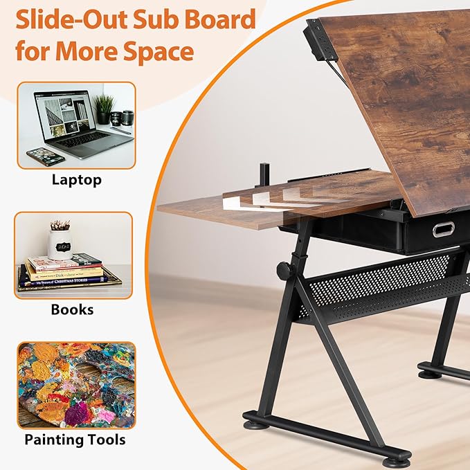 JupiterForce Drafting Table Art Desk w/Power Outlet and Stool, Adjustable Tilting Drawing Table Artist Desk with 2 Storage Drawers, Art Craft Work Station for Home Office Working, Writing, Crafting
