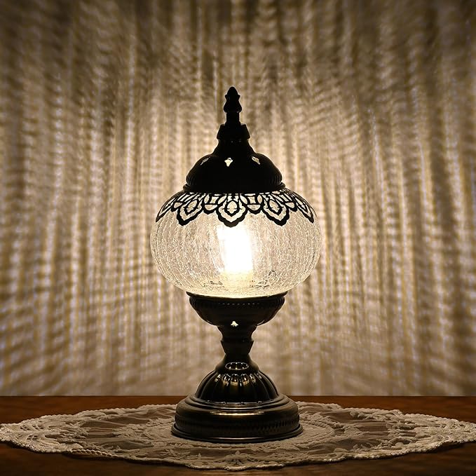 GOGERS Turkish Moroccan Table Lamp Lantern with Handmade Mosaic Glass Lampshade Tiffany Style Bohemian Stained Glass Decorative Desk Lamps Bedside Night Lights for Bedroom (White 1)