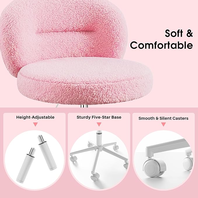 Homkdom Small Round Vanity Chair, Armless Home Office Desk Chairs with Back, Height Adjustable & 360° Swivel, Cute Comfy Vanity Computer Chair for Bedroom, Home Office, Pink