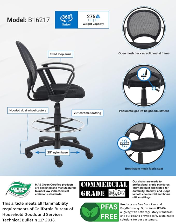 Boss Office Products Mesh Drafting Stool with Loop Arms in Black (B16217)