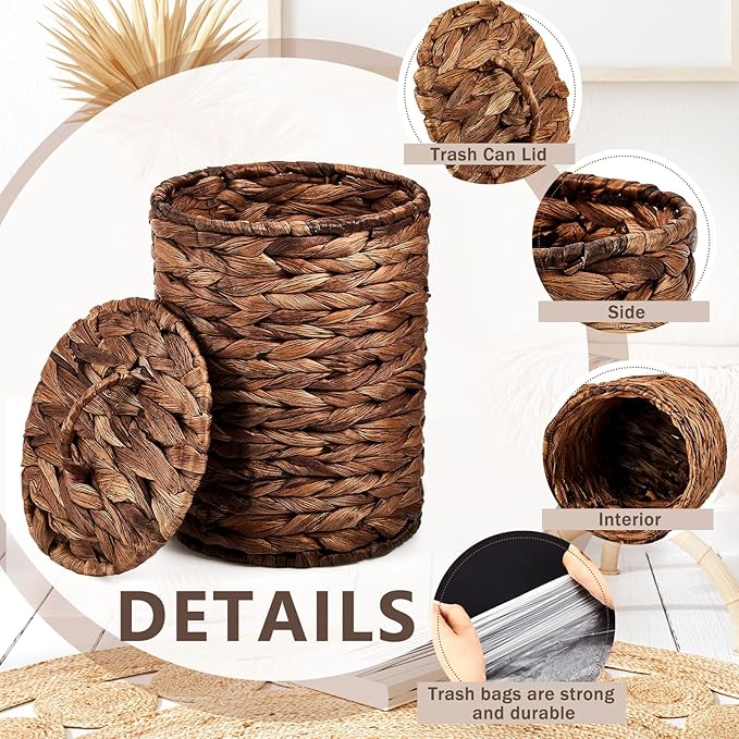 Ctosree 2 Pcs Wicker Trash Can Basket Woven Waste Basket with Lid Bathroom Wastebasket Garbage Bin with 100 Pieces of Trash Bags for Bedroom Farmhouse Home Office Kitchen(Deep Coffee, Small)